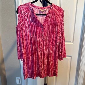 Coral Bay Pink Ruched with peek a boo  3/4 length sleeves Tunic. Size Large